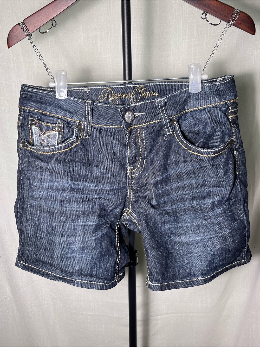 Request Jeans Y2K Bling Lace Rhinestone Denim Bermuda Shorts Size 13/32
